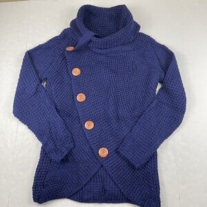 Grecerelle Cowl Neck Sweater Women’s M Navy Chunky Knit  Large Button Cozy